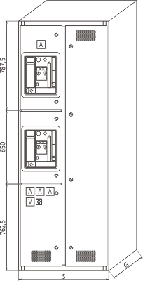Widok elewacji szafy zasilająco - sprzęgłowej ZDS z wyłącznikami mocy 3WL11