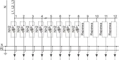 Rozdzielnica nN typu RN-W, człon odpływowy CO-12, schemat elektryczny