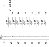 Rozdzielnica nN typu RN-W, człon odpływowy CO-6, schemat elektryczny