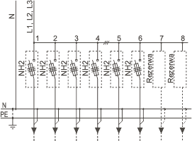 Rozdzielnica nN typu RN-W, człon odpływowy CO-8, schemat elektryczny